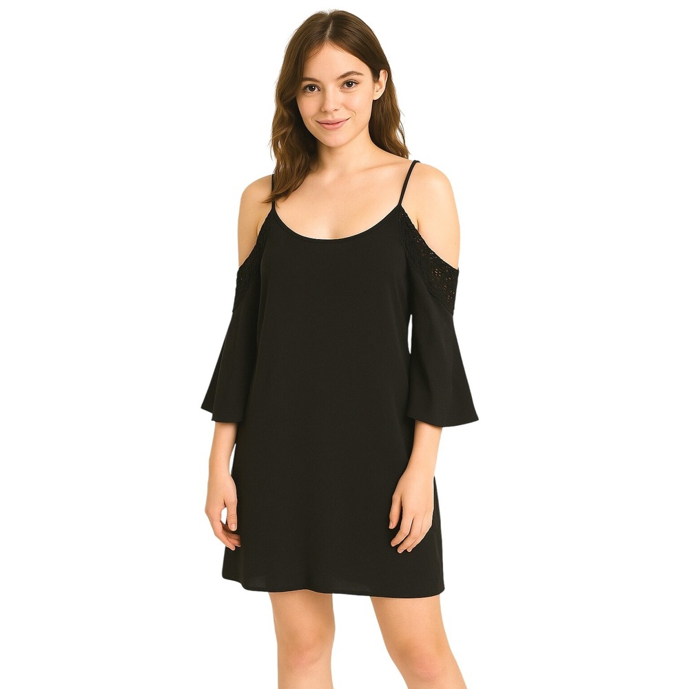 Xhilaration Mini Dress XS Black Lace Cold Shoulder‎ Bell Sleeve Boho Casual NEW